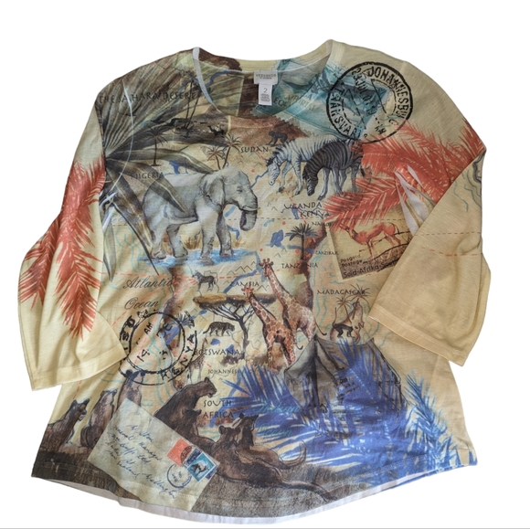 Chico's African ๐๐๐ฆ๐ฆ๐ฆ๐ฆ๐ฆpassport colorful 3/4 sleeve top size2 - Picture 3 of 10